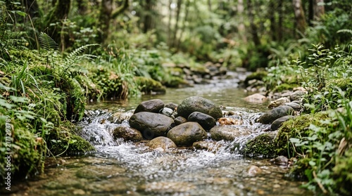 Serene Forest Stream with Mossy Rocks and Lush Greenery Flowing Through a Tranquil Woodland