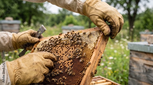 Beekeeper inspecting a honey frame covered in bees and honeycomb in a natural outdoor setting