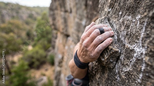 Close up of a rock climber's hands gripping a textured rock face with chalk dust visible on fingers