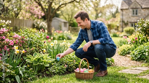 Man hunting for colorful Easter eggs in a blooming garden with a basket full of eggs