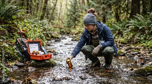 Environmental scientist collecting water samples from a forest stream for scientific research and analysis