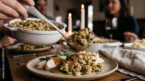 Thanksgiving Dinner Serving Stuffing Gravy Turkey Mashed Potatoes and Green Beans