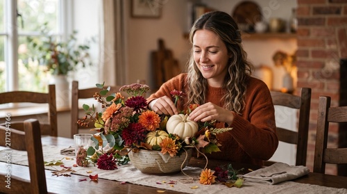 Woman arranging a beautiful autumn flower and pumpkin centerpiece on a wooden table