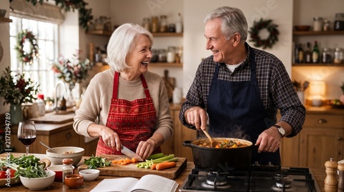 Happy senior couple preparing a festive meal together in a cozy kitchen during Christmas