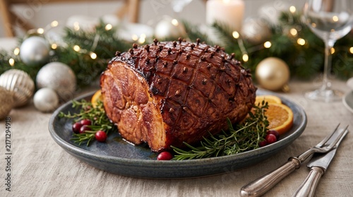 Festive Glazed Ham with Cloves and Oranges Decorated for Christmas Dinner