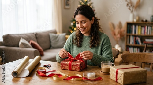 Woman happily wrapping a Christmas gift with red ribbon and festive paper in a cozy home setting