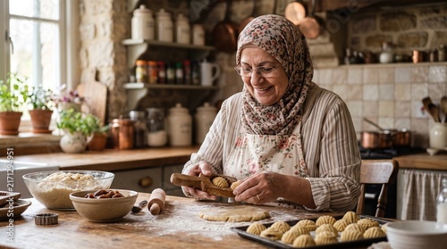 Smiling elderly woman wearing hijab and apron making traditional cookies in a rustic kitchen