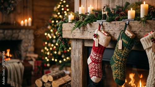 Cozy Christmas Eve scene with stockings hung by the fireplace and a decorated tree