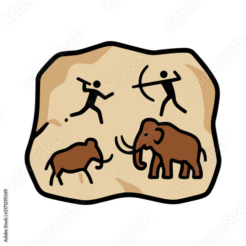Obraz na plátně Prehistoric Cave Painting Depicting Mammoth Hunt With Spear And Bow And Arrow
