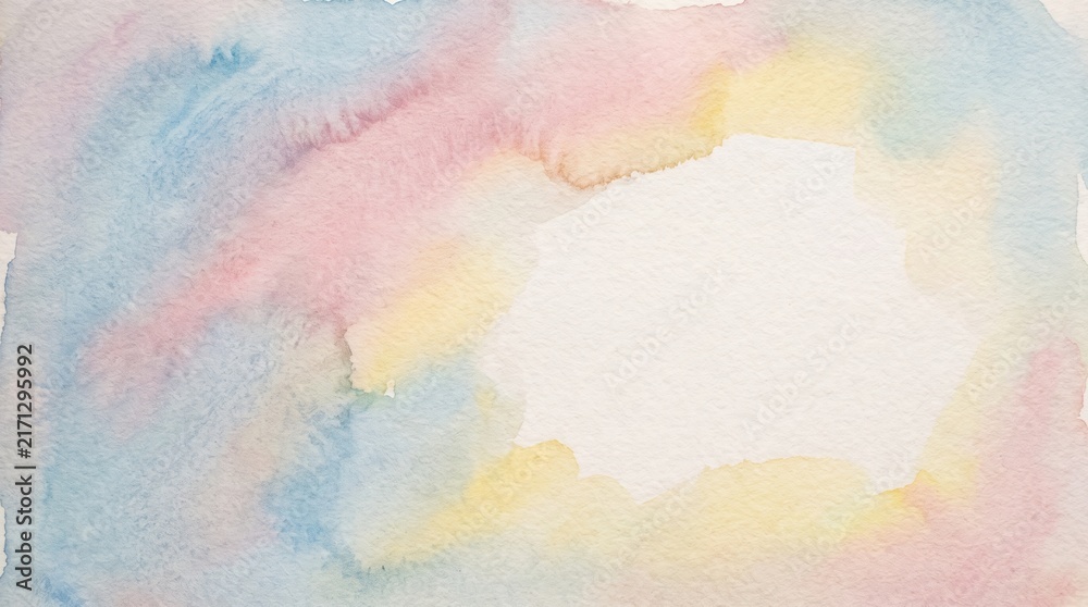Obraz premium Abstract pastel watercolor background with soft pink blue wash and painted blank frame. Concept of watercolor texture. Copy space.