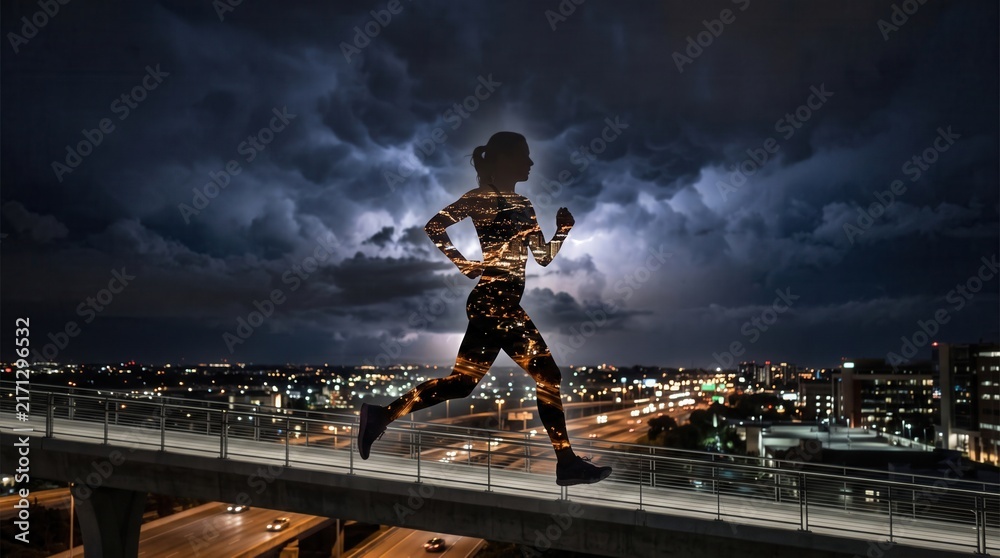 Obraz premium Double exposure silhouette of a woman running at night against a dramatic stormy sky over the city. Concept of runner, motivation, storm sky. Copy space.