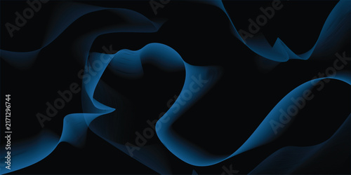 Abstract dark blue waves forming intricate, flowing patterns against a deep black background.