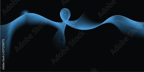 An ethereal, glowing blue figure with flowing ribbons, set against a stark black background.