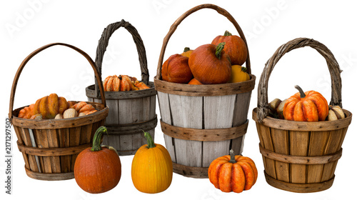 Fresh orange pumpkins in rustic wooden baskets isolated on transparent background as png file