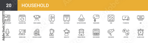 Set of 20 outline web Household icons such as alarm clock, joystick, hair dryer, dish washer, double boiler, moka pot, blender vector icons for report, presentation, diagram, web design, mobile app