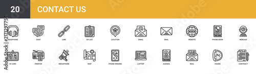 Set of 20 outline web Contact Us icons such as contract, hours, mail, agenda, laptop, phone ringing, map vector icons for report, presentation, diagram, web design, mobile app