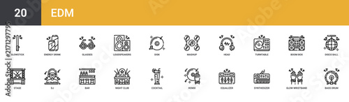 Set of 20 outline web Edm icons such as bass drum, glow wristband, synthesizer, equalizer, remix, cocktail, night club vector icons for report, presentation, diagram, web design, mobile app