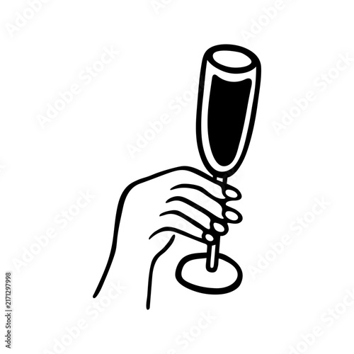 Hand holding champagne with sparkling wine, hand drawn doodle of glass, simple line art illustration