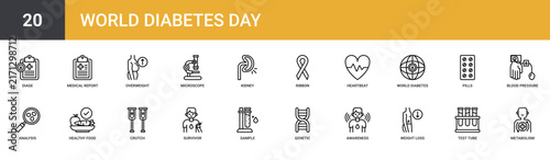 Set of 20 outline web World Diabetes Day icons such as metabolism, test tube, weight loss, awareness, genetic, sample, survivor vector icons for report, presentation, diagram, web design, mobile app