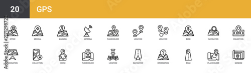 Set of 20 outline web GPS icons such as museum, placeholder, road, information, navigation, location, placeholder vector icons for report, presentation, diagram, web design, mobile app