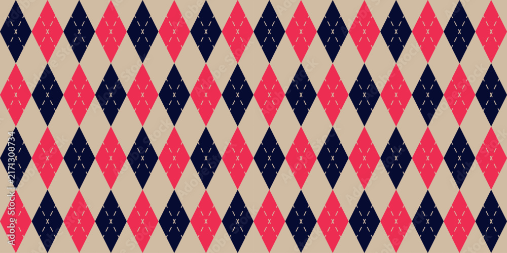 Fototapeta premium Retro argyle pattern with red and navy diamonds on warm beige background features playful stitched accents creating classic geometric textile design for fashion fabric wallpaper and cozy decor