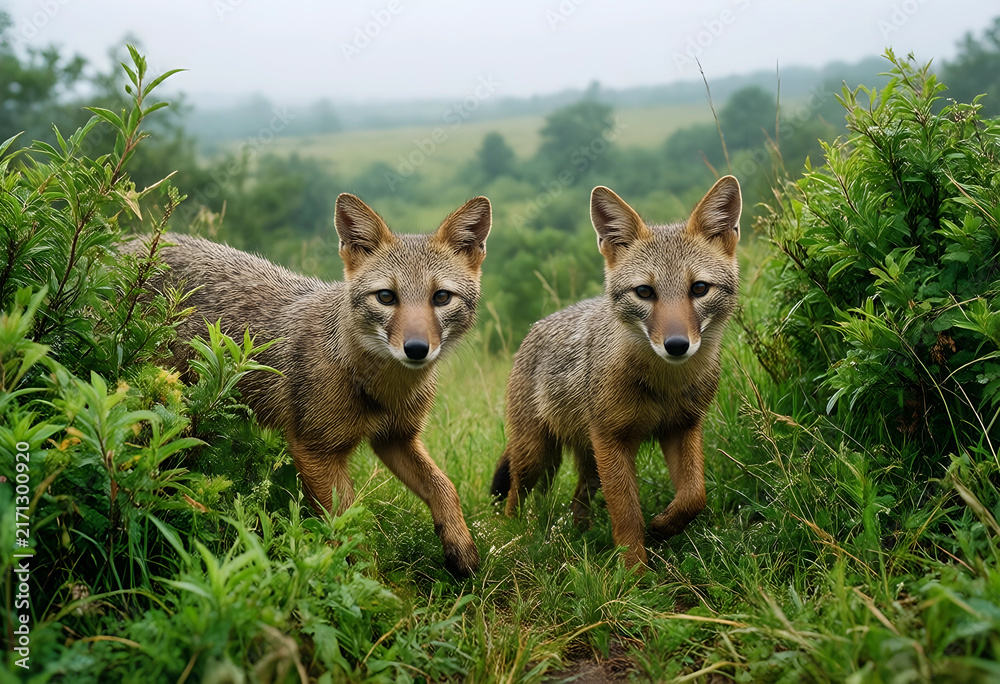 Fototapeta premium Wildlife conservation and natural habitat, two wild foxes in green grass and bushes looking at camera in nature