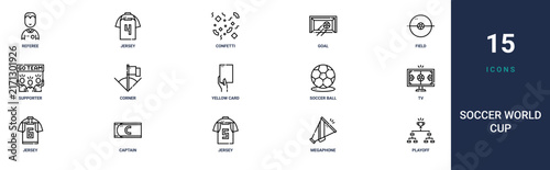 Set of 15 outline web Soccer World Cup icons such as playoff, megaphone, jersey, captain, jersey, tv, soccer ball vector icons for report, presentation, diagram, web design, mobile app
