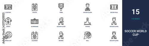 Set of 15 outline web Soccer World Cup icons such as soccer player, ball, referee, calendar, world cup, soccer player, podium vector icons for report, presentation, diagram, web design, mobile app
