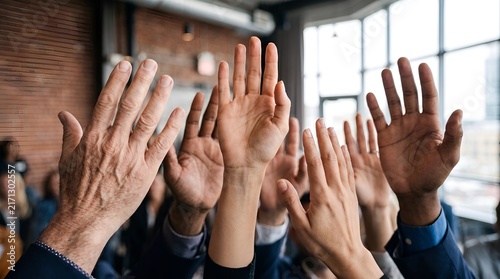 Group of diverse people raising their hands up during a seminar, meeting, or community voting event.
