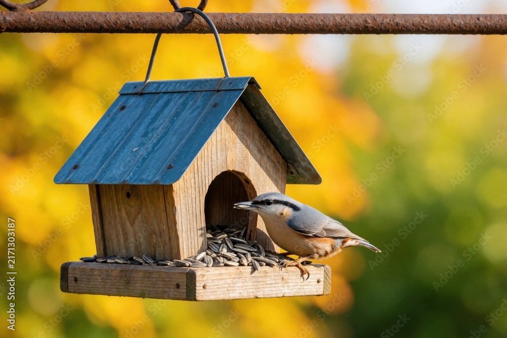 Obraz premium Nuthatch bird eats sunflower seeds from wooden house feeder. Blurred autumn foliage background creates warm colors. Wildlife enjoys meal on sunny day.