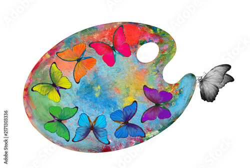 Color concept. Artist's palette and rainbow morpho butterflies isolated on a ...