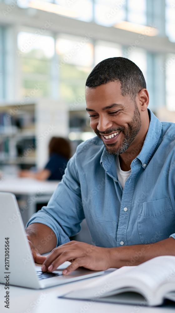 Fototapeta premium over the shoulder view of attractive confident smiling professional man using laptop at bright library table with open textbook beside him natural daylight through windows cropped