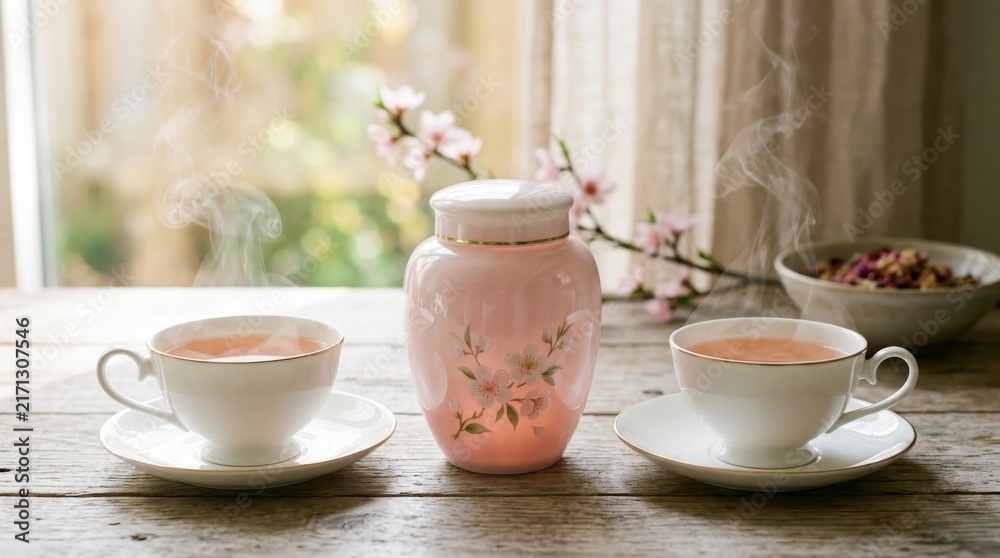 Fototapeta premium Tea Break Moment: Steaming Tea Cups and Decorative Jar