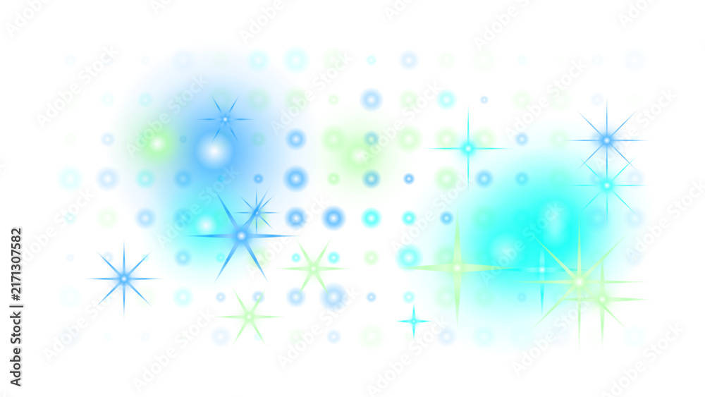 Obraz premium Abstract blue and green circular shapes with glowing starburst light flares on a transparent background, for overlays and effects