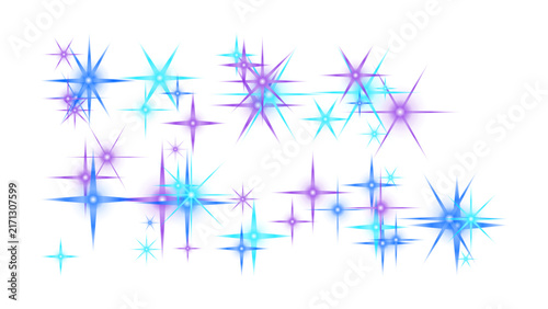 Abstract blue and purple star shapes with glowing light particles on a transparent background, for digital and decoration