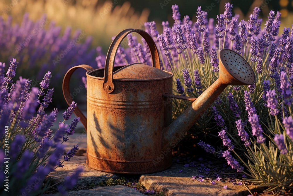 Fototapeta premium Old rusty metal watering sits among blooming purple lavender flowers in sunny garden. Vintage gardening tool rests on stone path near fragrant floral plants. Rustic backyard decor with summer blossom