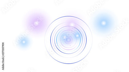Multiple overlapping circular shapes with soft blue and purple gradients and glowing light centers on a white background