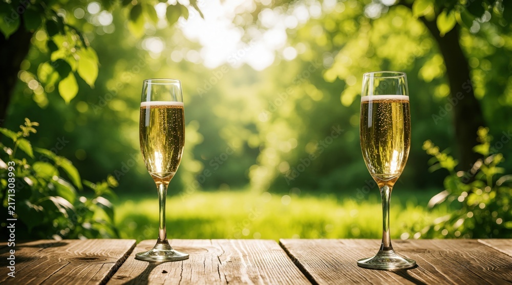 Naklejka premium Two champagne flutes with bubbly drink sit on wooden table. Green nature background with sun light creates peaceful outdoor setting for celebration.