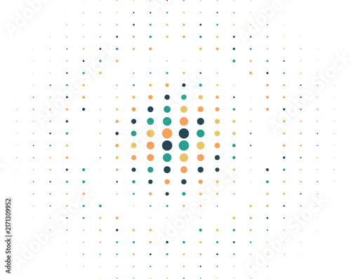 Geometric pattern of dots in varying sizes and colors including teal, orange, and dark blue, arranged in a radial circular grid, 100-150 characters