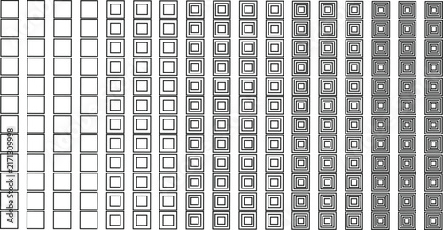 Geometric pattern of square outlines with increasing thickness and central dots arranged in rows on a white background, for use
