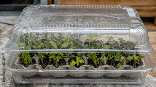 DIY mini greenhouse made from a recycled egg carton and clear plastic container, filled with healthy young seedlings and fresh green plants, sustainable home gardening concept.