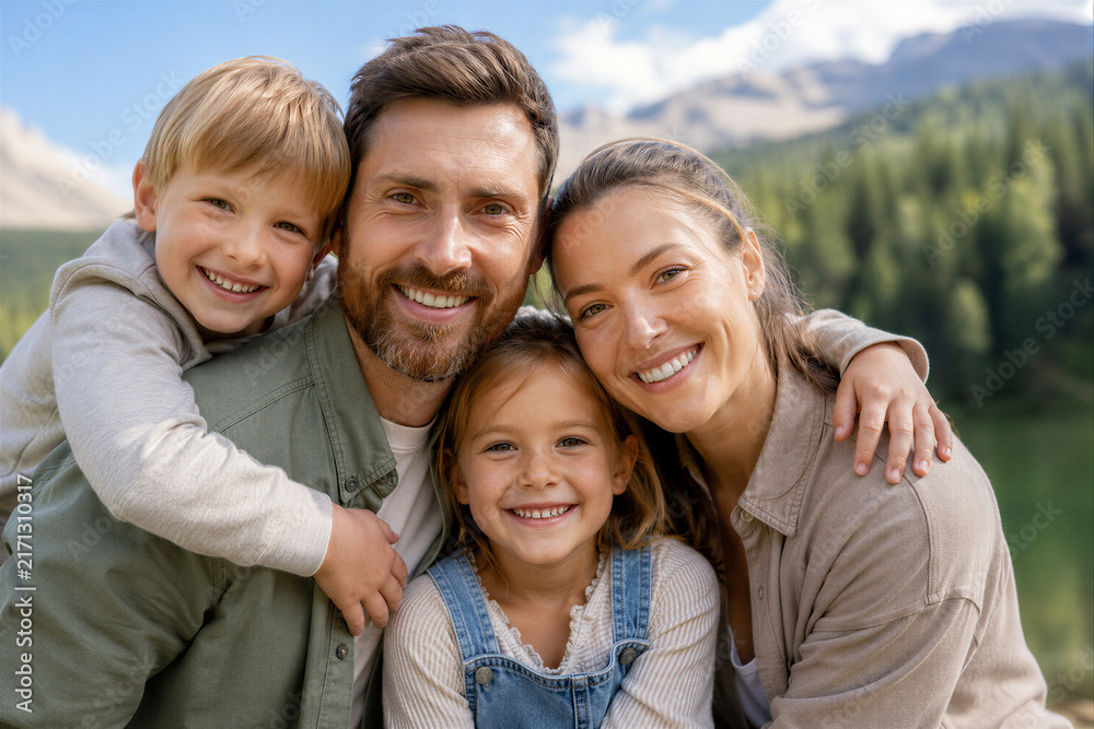 Fototapeta premium Happy Family Portrait in Mountain Landscape