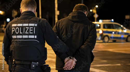 Dramatic close-up photograph of a police officer detaining a man at night beside a patrol vehicle, capturing a tense law enforcement scene and themes of arrest, public safety, crime, and police car