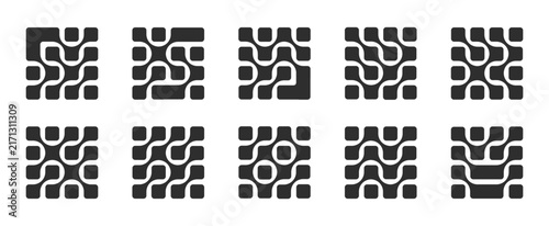 Modern abstract pattern with geometric shapes and flowing curves. Minimalist background design featuring circles, squares, and fluid metaball elements in black and white.