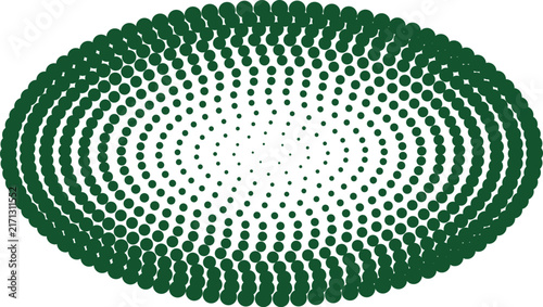 Abstract elliptical halftone pattern with dark green circular dots arranged in concentric rings on a white background, for textures