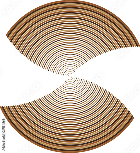 Abstract circular with concentric brown and tan curved lines forming two opposing fan shapes on a clean white background surface