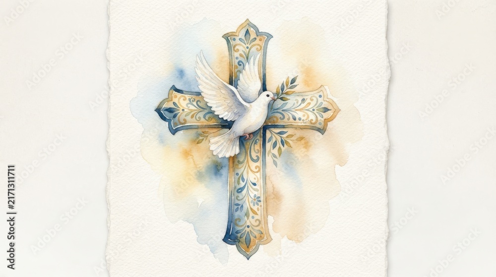 Obraz premium Watercolor cross with white dove and olive branch religious illustration