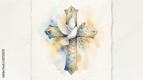 Watercolor cross with white dove and olive branch religious illustration