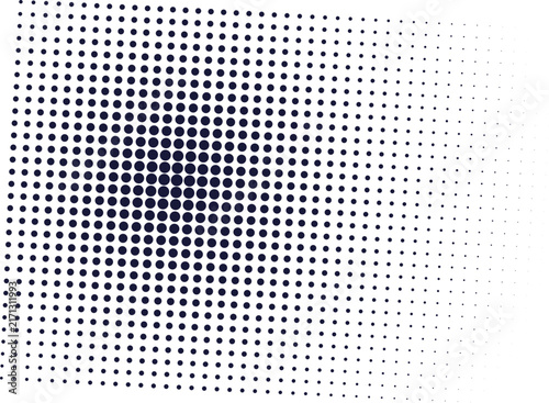 Abstract halftone pattern with dark blue circular dots arranged in a gradient grid on a clean white background, for projects