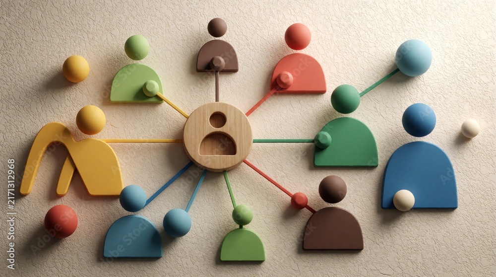 Obraz premium Abstract people icons link together from central wooden figure. Diverse colored figures form network structure showing team connection and digital community interaction on textured background.